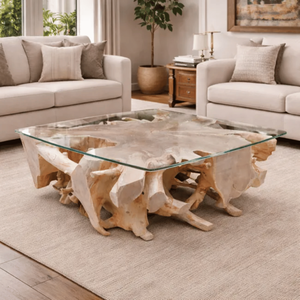 Premium Bleached Solid Teak <b>Root</b> <b>Coffee</b> <b>Table</b> Handmade Organic Tree <b>Root</b> Base Glass Top Coastal Rustic Home Furniture - Product Image 5