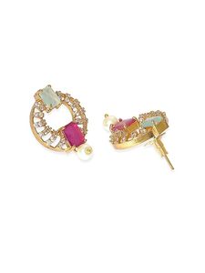 Ensemble collier et boucles d'oreilles en alliage plaqué or avec cristaux roses et verts, design géométrique, pour femmes, bijoux de fête - Product Image 2