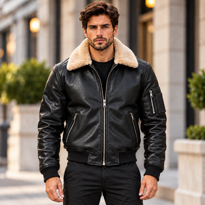 Chaqueta bomber de cuero negro para hombre con cuello de piel, abrigo de invierno de lujo con forro de borrego y cremallera. - Product Image 5