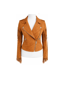 Factory Direct Tan Cognac Light Brown Women <b>suede</b> Leather <b>Jackets</b> Fashionable with fringes - Product Image 1