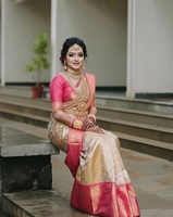 Sari Tradicional Banarasi de Seda Kanjivaram Tejido KV con Blusa sin Costuras Reversible, Antiarrugas y de Secado Rápido para Fiestas de Otoño
