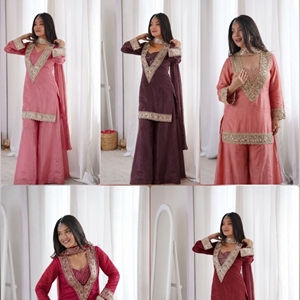 Robe de soirée en satin bordeaux brodée, ensemble Anarkali à manches longues, chemisier à sequins, pantalon palazzo, tenue de soirée formelle écologique - Product Image 4