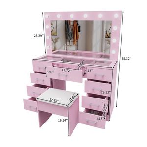 Macaron 9 Drawer Dressing Table Set with 12 Tri-Color LED Light Bulbs Particleboard & Melamine Finish <b>Makeup</b> <b>Vanities</b> - Product Image 4