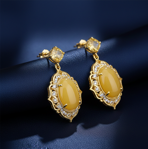 Pendientes de Ónix Amarillo y Circonita Cúbica |   Ovalado de 8 mm |   Plata de Ley 925 Chapada en Oro de 18K |   Joyería llamativa |   Joyería de Boda - Product Image 2