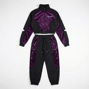 Ensemble survêtement pour homme en nylon velours coupe-vent, veste délavée à l'acide avec strass, pantalon empilé, streetwear 2 en 1 personnalisé - Product Image 2