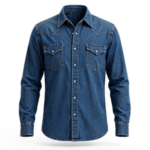 Camisa de mezclilla para hombre con cuello vuelto, ecológica, antiarrugas, de secado rápido, informal, lavada, con botones y bolsillo en el pecho de BD - Product Image 1