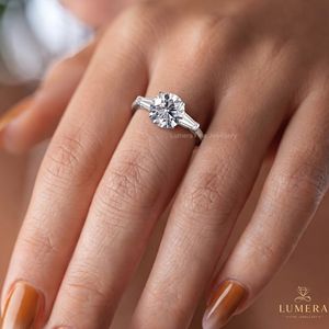 Lab Grown Round Diamond Anniversary <b>Ring</b>, Side Tapered Baguette Three Stone <b>Ring</b>, Solid Gold Band <b>Secure</b> in Four Prong Set <b>Ring</b> - Product Image 1