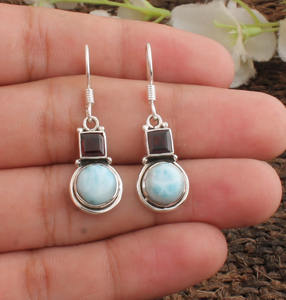 Natural Larimar and Red Garnet <b>Earrings</b> 925 <b>Sterling</b> <b>Silver</b> Larimar <b>Drop</b> <b>Earrings</b> Wholesale Jewelry Manufacturer - Product Image 1