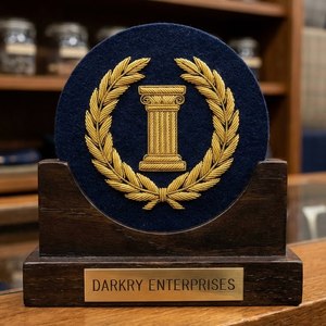 Écusson de régalia maçonnique personnalisé fait main, brodé au fil de bouillon, motif pilier et colonne dorées, rond bleu marine - Product Image 1