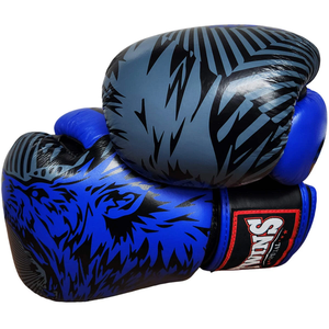 Guantes de Boxeo Twins Muaythai Azul y Negro con Estampado Digital, Cuero Vacuno Auténtico, Ligeros, Dedos Completos - Product Image 3