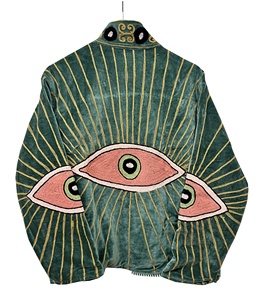 Green Velvet <b>Mandarin</b> <b>Collar</b> Cotton <b>Jacket</b> with Embroidered Eye Pattern Full Sleeve Autumn Winter Fashion Coat - Product Image 5