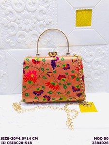 Luxury Floral Printed Silk <b>Clutch</b> Bag with Metal Handle & Chain | Designer Ethnic Evening Handbag for Women | <b>Wedding</b> & Party - Product Image 2