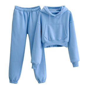 Survêtement à capuche bleu clair pour femme, coupe ample, décontracté, couleur unie, poches latérales, taille élastique, vêtement d'automne - Product Image 4