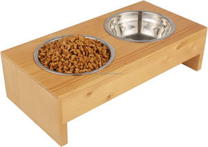 Mid Century Modern Elevated <b>Wood</b> <b>Dog</b> <b>Bowl</b> <b>Stand</b> with Stainless Steel <b>Bowls</b> Adjustable Raised <b>Wood</b> Pet Feeder By FWE - Product Image 2