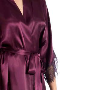 Women Satin Robe Three Quarter Sleeve Mandarin Collar Solid Color Purple Elegant Sleepwear Shorts <b>Elastic</b> Waist <b>Lace</b> Trim High - Product Image 3