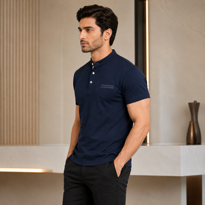 Men's <b>Navy</b> <b>Blue</b> Short Sleeve <b>Polo</b> <b>Shirt</b> With Button Placket And Front Logo Print Smart Casual Style 100% Cotton Knitted Fabric - Product Image 3