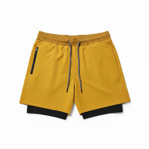 Shorts de sport jaunes unis pour hommes avec poches, taille à cordon de serrage, séchage rapide, en tissu tricoté, taille mi-haute, longueur courte, vêtements de sport - Product Image 2