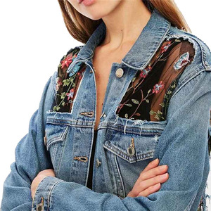 Trendy Women's Long Sleeve Floral Embroidered Pearls & Letter Breathable Cotton Denim Jeans Jacket for Winter - Product Image 2