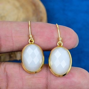 Natural Handmade White Moonstone Oval Shape Gemstone Drop Earrings 18k Micron Gold Over 925 <b>Sterling</b> <b>Silver</b> - Product Image 2