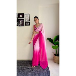 ผ้าส่าหรีบอร์เดอร์พิมพ์ลายดิจิทัลผ้าจอร์เจียพร้อมเสื้อสีชมพู - Product Image 1