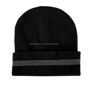 Gorro Unisex Negro con Raya Blanca, 100% Acrílico, Gorro de Invierno Tejido, Estilo Casual para Adultos, 56-58CM, Bordado Desgarrado, para Exteriores - Product Image 3
