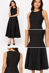 Vestido de Verano Elegante, Negro, Sin Mangas, a Media Pantorrilla, Recto, Informal, de Algodón Satinado, con Estampado a Mano, Transpirable - Product Image 5