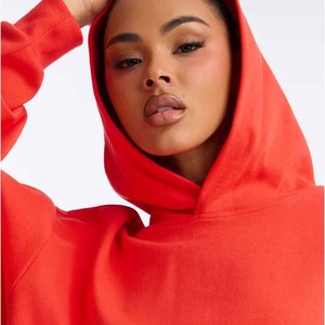 Women's <b>Red</b> Fleece Hooded <b>Crop</b> <b>Top</b> Shorts Set Casual Two Piece Outfit Loose Fit Spring Summer Solid Color Knitted Sweatwear - Product Image 6