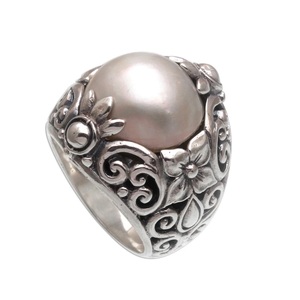 Anillo de Cóctel de Plata de Ley 925 con Perla Mabe, Diseño de Loto, Joyería Unisex Hecha a Mano - Product Image 3
