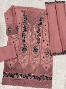Salwar Kameez rose en coton brodé pour femme avec dupatta, tenue traditionnelle indienne et pakistanaise, coupe ample longue jusqu'au sol - Product Image 3