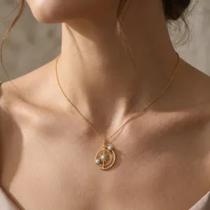 Collar con Colgante de Larimar Natural, Sistema Solar Sol y Luna, Chapado en Oro de 18K, para Mujer, Estilo Budista, Moderno, Superventas - Product Image 2