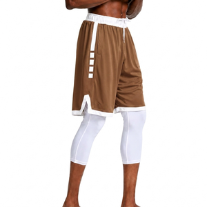 Shorts de basket-ball pour hommes personnalisés, rayés marron et blanc, séchage rapide, coupe athlétique, respirants, pour l'été, vente en gros - Product Image 1