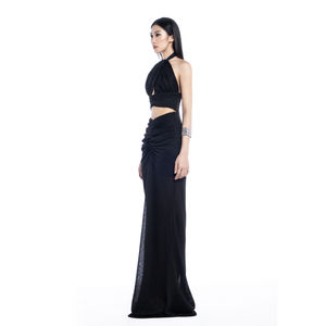 Robe de soirée femme ODM trompette robe licou décolleté Satin tricoté moulante Maxi bouton décoration froncé dos nu femmes ensemble - Product Image 5
