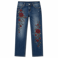 Jean droit taille haute ample en denim foncé respirant, écologique et à séchage rapide, brodé de fleurs vintage, pour femme