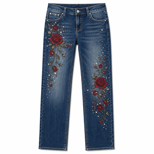 Women's Cute Dark High Waist Floral <b>Embroidered</b> Straight Leg <b>Jeans</b> Full Length Denim Pants Casual Autumn Streetwear OEM ODM - Product Image 4