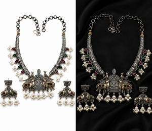 Collar y Pendientes de Boda y Compromiso Bohemios con Elefante, de Plata Antigua Bicolor y Zirconia Plateada en Platino, con Garantía Comercial - Product Image 2