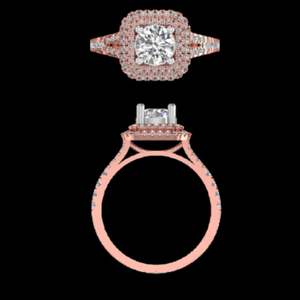 elegant round brilliant cut diamond double halo engagement <b>ring</b> in 18kt 14k rose gold with <b>split</b> pave set shank - Product Image 3