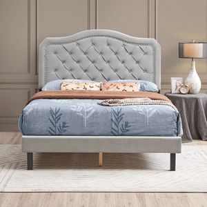 Letto Queen Size in Velluto Grigio con Design Curvo Trapuntato a Bottoni, Facile Montaggio, Robusto Supporto a Doghe in Legno - Product Image 3