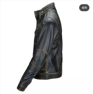 Custom Men's Genuine Leather Waterproof Slim Fit Winter <b>Jacket</b> Distressed Moto Stand Collar Quilted Shoulder <b>Biker</b> Outerwear - Product Image 4