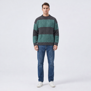Teal Green and Charcoal <b>Grey</b> Striped Cable Knit Sweater Crew Neck Long Sleeve Textured Winter Pullover <b>sweatshirt</b> for <b>men</b> - Product Image 1