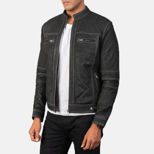 Men's Black PU Leather Moto <b>Jacket</b> Stand Collar Zipper Closure <b>Slim</b> <b>Fit</b> Washed Finish Biker Style Autumn Wear - Product Image 3