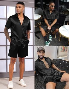 Ensemble de luxe 2 pièces en satin pour homme : chemise à revers et short à manches courtes boutonnées – Idéal pour bal de promo, club et soirée - Product Image 5