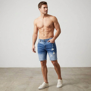Shorts Bermuda Homme Bleu Déchiré en Tricot Taille Mi-Haute avec Cordon de Serrage Décontracté Écologique pour la Gym 100% Coton Tissé Respirant - Product Image 2