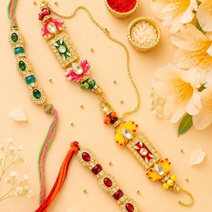 Ensemble Rakhi et Lumba pour Bhai Bhabhi, Rakhi artisanal en perles Kundan, combo pour Raksha Bandhan, ensemble cadeau Rakhi traditionnel de designer - Product Image 2
