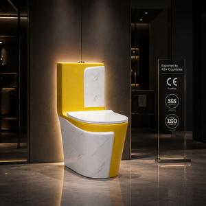 WC monobloc moderne en céramique avec design marbre jaune et blanc, chasse d'eau par lavage - Product Image 3