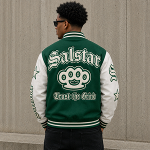 แจ็คเก็ตวาร์ซิตี้สีเขียวแบบกำหนดเองสำหรับผู้ชาย แจ็คเก็ตเบสบอลแบบ Letterman เสื้อแจ็คเก็ตบอมเบอร์สตรีทแวร์ ผู้ผลิตขายส่ง - Product Image 2