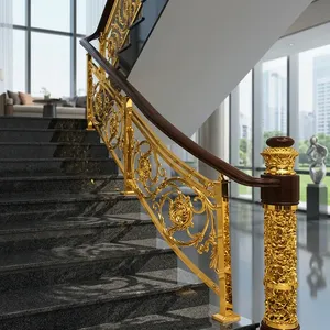 Rampe d'escalier en fer forgé doré de luxe avec design floral orné et main courante en bois pour villa, manoir et intérieur d'hôtel - Product Image 4