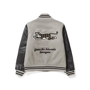 Varsity <b>Jacket</b> Grey Faux Leather Sleeves Embroidered Tiger Back Design Autumn Women's Regular Fit Zipper Closure - Product Image 1