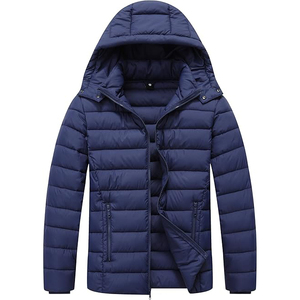 Men's Navy Blue Hooded Puffer <b>Jacket</b> Windproof Zipper Closure Polyester Winter Coat Casual Style Regular Fit - Product Image 1