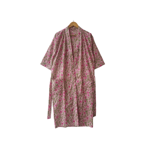 ชุดกิโมโนผ้าฝ้ายสำหรับผู้หญิง คอวี แขนยาว ชุดนอนยาว มีกระเป๋าหน้า 2 ช่อง ประดับพู่ห้อย พร้อมเชือกผูกเอว - Product Image 1