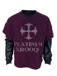Wholesale Burgundy Rhinestone Graphic Long Sleeve T Shirt <b>Layered</b> Faux Leather Sleeve Vintage Distressed Heavyweight Cotton <b>Top</b> - Product Image 1